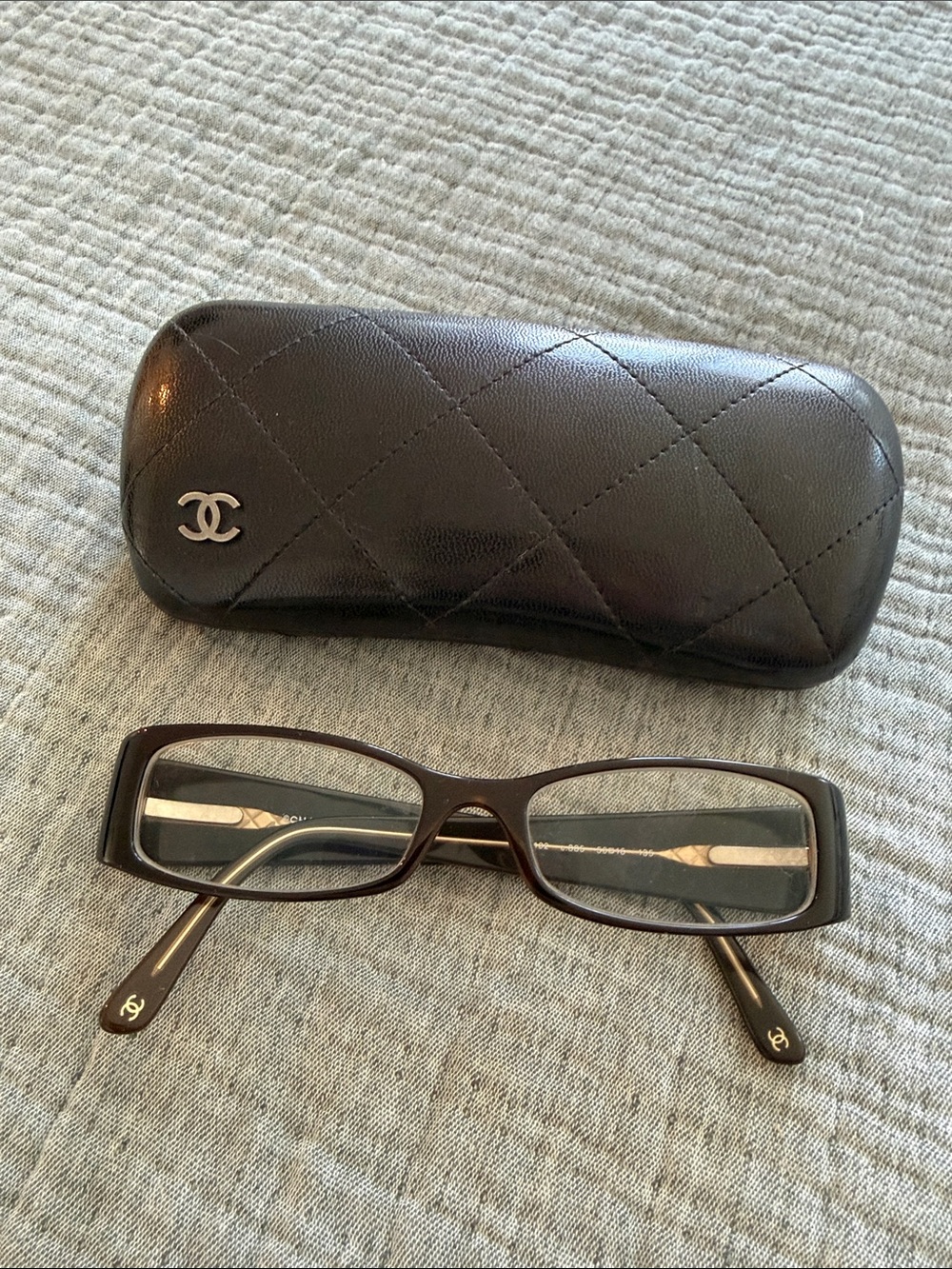CHANEL Brown Rectangular Glasses with Quilted Logo Case